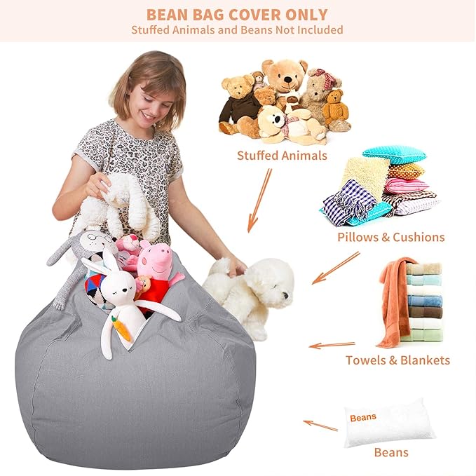 Aubliss Stuffed Animal Storage Bean Bag Chair Cover (No Beans)，Stuff and Sit Storage Bean Bag for Kids Toy Storage，Medium 32"-Canvas Solid Grey