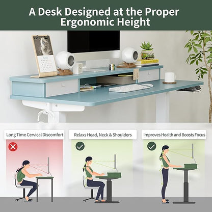 FEZIBO 60 x 24 Inch Height Adjustable Electric Standing Desk with Double Drawer, Stand Up Desk with Storage Shelf, Sit Stand Desk, Blue