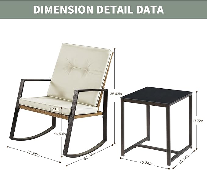 3 Pieces Rocking Bistro Set Outdoor Wicker Patio Furniture Conversation Coffee Table,Washable Cushion for Porch,balcony,Garden,Backyard,Poolside(Beige)