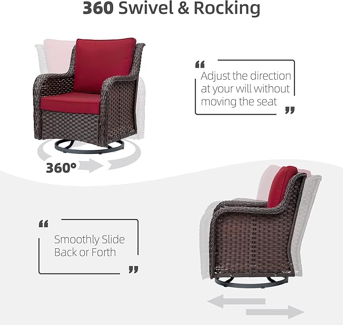 IDEALHOUSE 3 Pieces Outdoor Wicker Swivel Rocker Patio Set, 360-Degree Swivel Rocking Chair Elegant Wicker Patio Bistro Set with Tempered Glass Top Side Table (Rust Color)