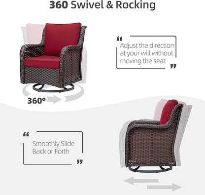 IDEALHOUSE 3 Pieces Outdoor Wicker Swivel Rocker Patio Set, 360-Degree Swivel Rocking Chair Elegant Wicker Patio Bistro Set with Tempered Glass Top Side Table (Rust Color)