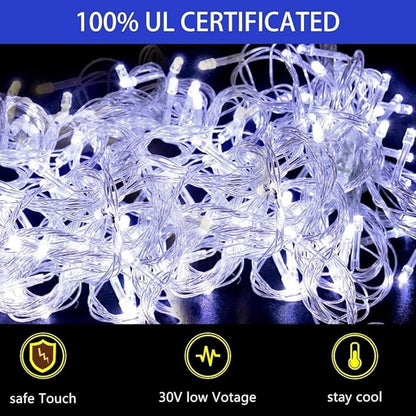 PUHONG Christmas Decoration Star Lights Outdoor,320 LED 16.4Ft Christmas String Lights[8 Modes & Waterproof] for Halloween Xmas New Year Holiday(Iron) (White)