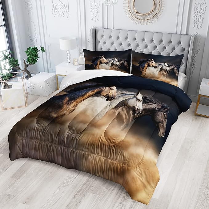 Horse Comforter Queen Size,Galloping Horse Comforter Set for Kids Teens Girls Boys,3Pcs Bedding Set Printed Comforter with 2 Pillowcases,Soft and Lightweight，Queen Size