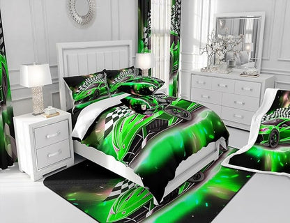 Feelyou Race Car Bedding Set Queen Size,Boys Extreme Sports Comforter Set for Kids Boys Car Racing Gifts,Green Cool Car Comforter Car Sports Quilt Set 1 Comforter with 2 Pillowcase Car Racing Gifts