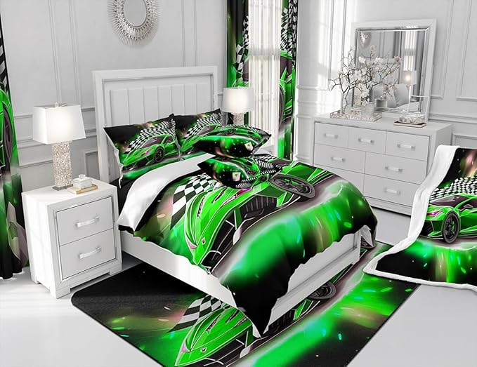 Feelyou Race Car Bedding Set Twin Size,Boys Extreme Sports Comforter Set for Kids Boys Car Racing Gifts,Green Cool Car Comforter Car Sports Quilt Set 1 Comforter with 1 Pillowcase Car Racing Gifts