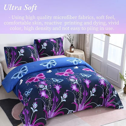 WINLIFE Butterfly Comforter Set Queen Size, 3Pcs Pink Purple Blue Black Animals Butterflies Floral Bedding Set for Girls Women, Soft Bed Set All Season Lightweight Down Alternative