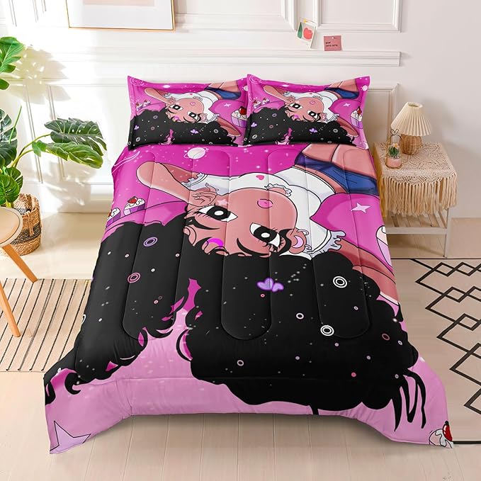 African American Black Girl Comforter Set, Twin Size Bedding Set for girls, Pink Black Girls Bedroom Decor Bed Set, Princess Bedding Set with 1 Comforter and 2 Pillow Cases