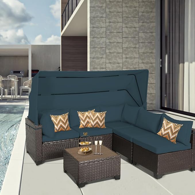 6 PCS Outdoor Patio Furniture Set,Sectional Sofa Set,Rattan Daybed with Retractable Canopy,Adjustable Backrest,Storage Coffee Table,Chaise Chair Sunbed for Garden Poolside Backyard(Sky Blue)
