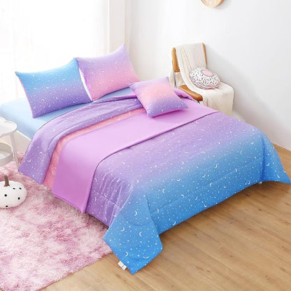 JQinHome Twin Girls Comforter Set,6 Piece Bed in A Bag 3D Purple Orange Glitter Bedding Set -All Season Microfiber Rainbow Bedding Sets for Girls Women