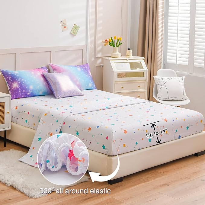 A Nice Night 6Pcs Gradient Glitter Bedding Set for Girls Twin Size, Colorful Rainbow Galaxy Comforter Set, Ultra Soft Bedding Sets, Purple