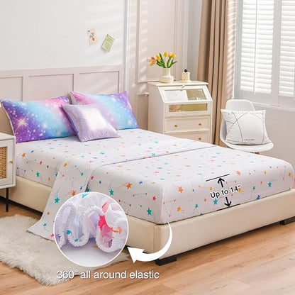 A Nice Night 6Pcs Gradient Glitter Bedding Set for Girls Twin Size, Colorful Rainbow Galaxy Comforter Set, Ultra Soft Bedding Sets, Purple