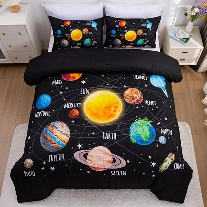 Aimuan Space Comforter Twin Set Kids Rocket Bedding Set Super Soft & Cute Aliens UFO Printed for Boys Girls Teen (Black 1, Full)