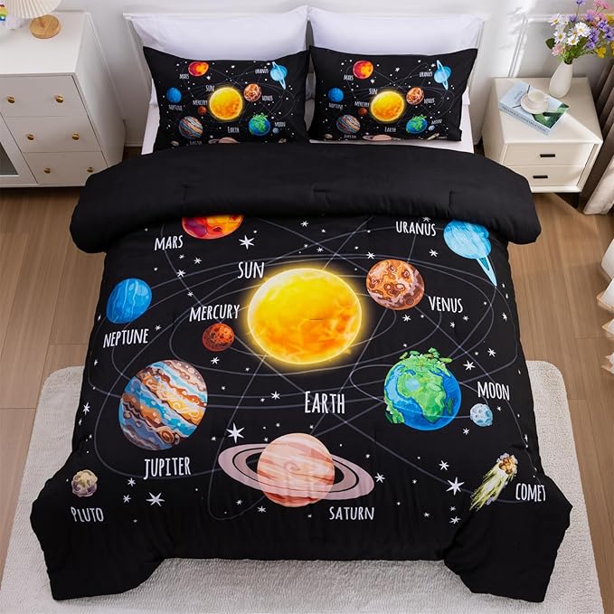 Aimuan Space Comforter Twin Set Kids Rocket Bedding Set Super Soft & Cute Aliens UFO Printed for Boys Girls Teen (Black 1, Twin)