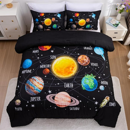 Aimuan Space Comforter Twin Set Kids Rocket Bedding Set Super Soft & Cute Aliens UFO Printed for Boys Girls Teen (Black 1, Twin)