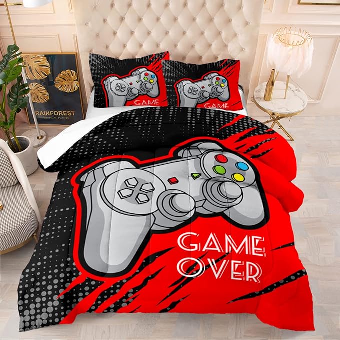 Boys Gaming Comforter Set Twin Size Gamer Bedding Sets for Kids Teens 3D Printing Black Red Video Game Soft Quilt with Pillowcase