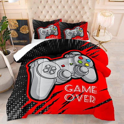Boys Gaming Comforter Set Twin Size Gamer Bedding Sets for Kids Teens 3D Printing Black Red Video Game Soft Quilt with Pillowcase