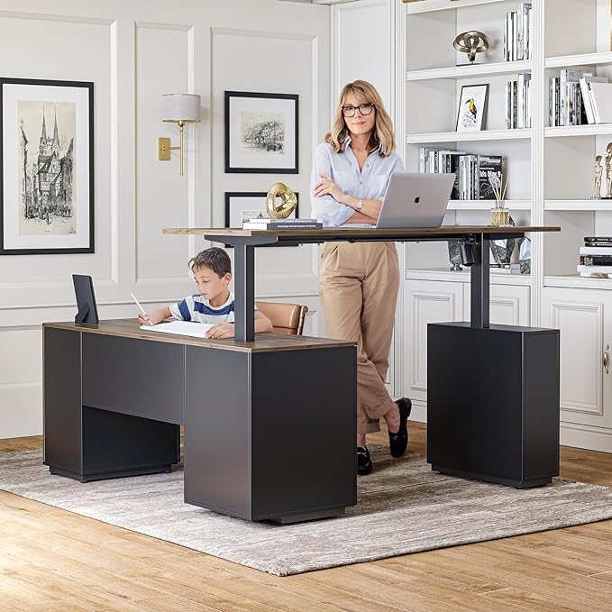 FEZIBO 63" L Shaped Executive Standing Desk with File Cabinet, Electric Height Adjustable, Black Walnut