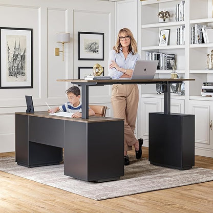 FEZIBO 63" L Shaped Executive Standing Desk with File Cabinet, Electric Height Adjustable, Black Walnut