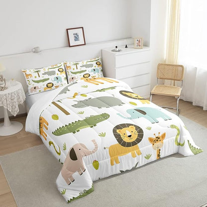 Feelyou Wild Animals Comforter Set Safari Animals Print Comforter for Boys Girls Teens Cute Hippo Crocodile Lion Bedding Set Kids Cartoon Elephant Giraffe Duvet Set Room Decor Quilt Set Twin Size
