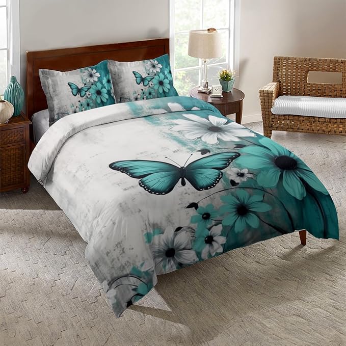 Butterfly Flowers Comforter Sets Full Size, Vintage Floral Butterfly Kids Bedding Sets for girls Teens 3 Piece Bedroom Decor