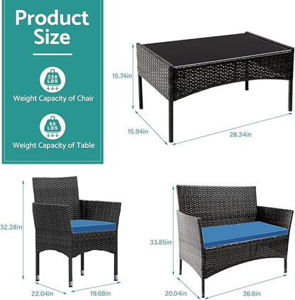 Patio Furniture, 4 Piece Conversation Set, Outdoor Wicker Rattan Table and Chairs, Sectional Sofa with Thick Cushion for Garden, Yard, or Porch, Black