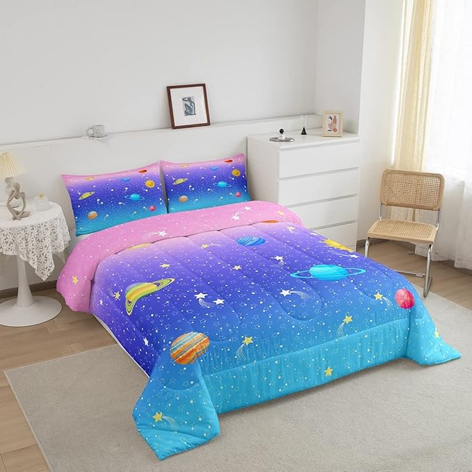 Erosebridal Cute Galaxy Comforter Set Full for Boys Girls Kids Stars Planet Space Bedding Set Kawaii Rainbow Pastel Bedding Comforter Sets Pink Blue Purple Ombre Cartoon Quilt Duvet 2 Pillow Cases