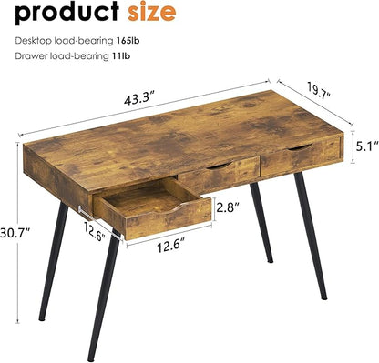 SogesHome 43.3'' Computer Desk, Home Office Work Table with 3-Drawers, Gaming Working Writing Table, Vintage Brown