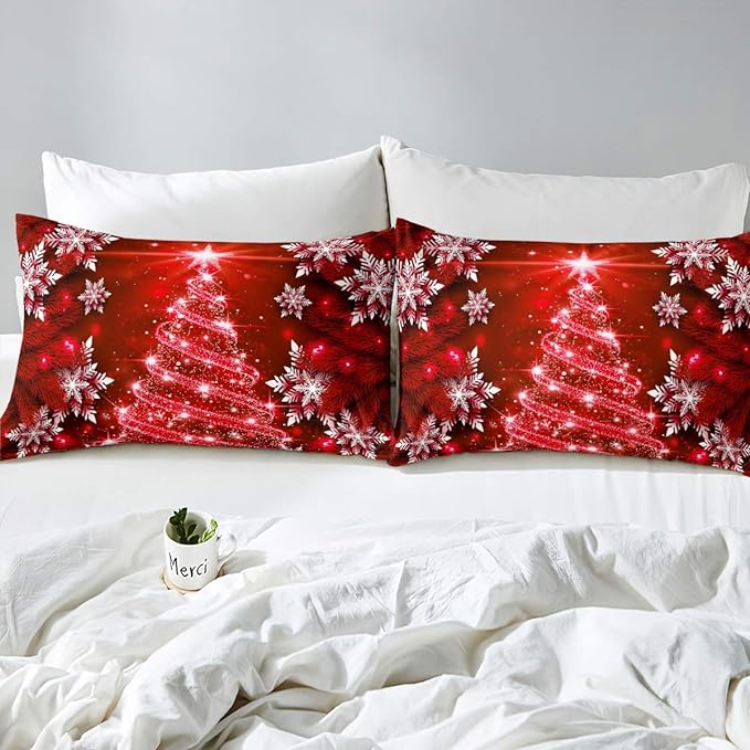 Feelyou Christmas Tree Comforter Set for Children Kids Boys Girls Luxury Chic Xmas Theme Bedding Set Glitter Snowflake Star Comforter Microfiber Red Duvet Set Room Decor Quilt Set Twin Size