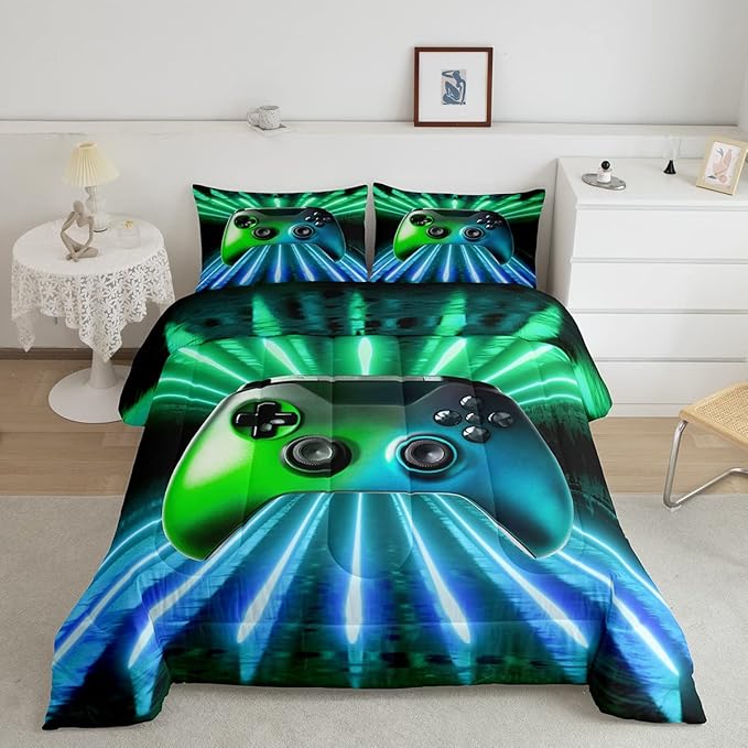 Erosebridal Green Blue Gamepad Comforter Set, Game Player Bedding Set Twin Size Modern Gamer Gaming Quilted Duvet Neon Trippy Duvet Set for Kids Boys Girls Teens Young Man Room Decorative