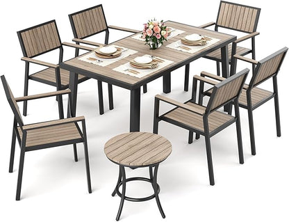 Pamapic 8-Piece Patio Dining Set，Outdoor Aluminum Furniture Set with Plastic-Wood Table Top,Outdoor Furniture Set with 6 Outdoor Stackable Chairs for Patio Garden Poolside (Black)