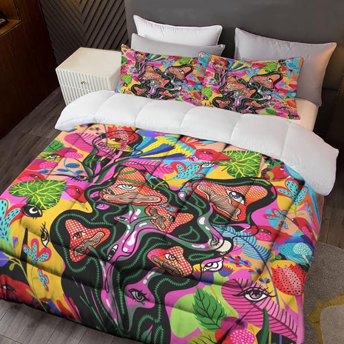 Sunnycitron Kids Comforter set Queen size Colorful Mushroom Comforter Sets Mandala Mushroom Bedding Hippie Bed Comforter Set - Fade Resistant (1 Comforter + 2 Pillowcases)