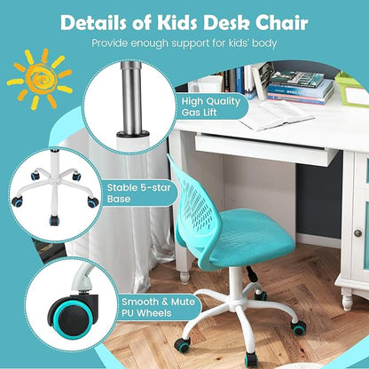 Kids Desk Chair, Ergonomic Kids Office Chair Ages8-12 w/Lumbar Support, Low-Back Teen Desk Chair for Girls Boys, Small Cute Kids Computer Chair for Bedroom/Study/Vanity Desk, Turquoise