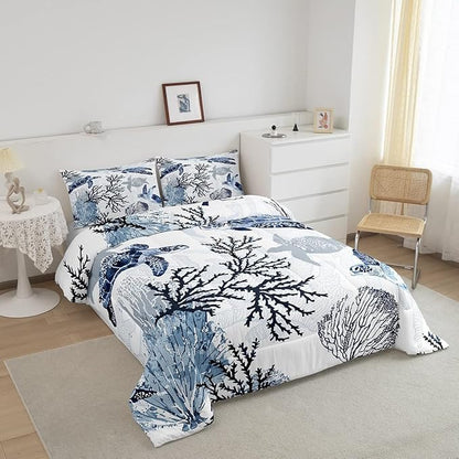 Turtle Comforter Set King,White Blue Hawaiian Turtle Bedding for Kids,Reptile Tortoise Quilt Duvet Set Coastal Beach Theme Comforter Retro Sea Turtle Bed Set for Boys Girls Bedroom Decor(Marine life)