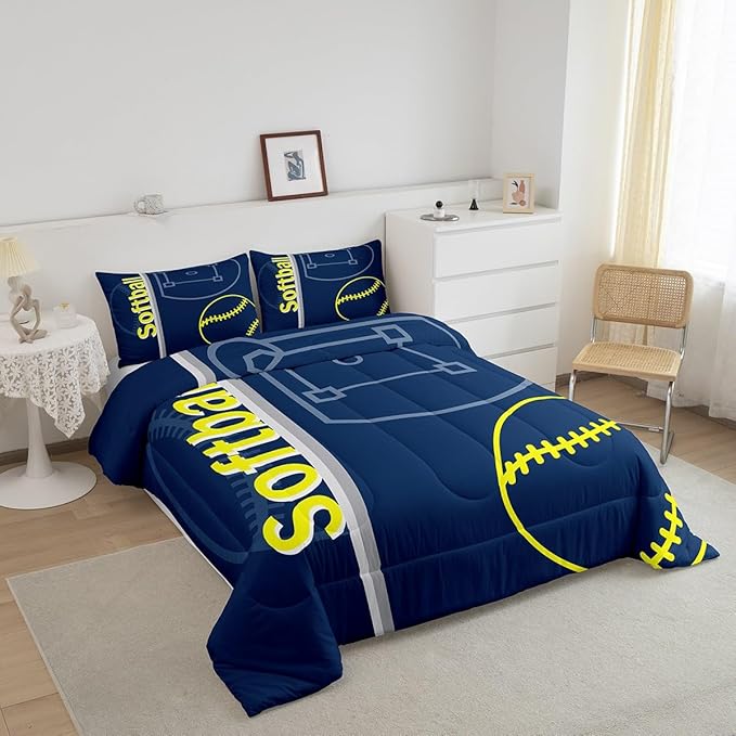 Feelyou Kids Softball Comforter Set King Size Sports Game Bedding Set for Boys Girls Teens Bedroom Decor Baseball Comforter Women Men Softball Gaming Duvet Set with 2 Pillow Case