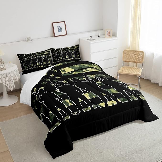 American Flag Comforter Set Twin for Boy Teen ArmyGreen Camouflage Down Comforter Adult Men Soldier Silhouettes Quilted Duvet Military Style Camo Bedding Comforters, 1 Comforter Set + 1 Pillowcase