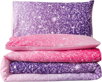Holawakaka Kids Space Star Glitter Comforter Set Ombre Pink Purple Print Ombre Bedding Set Twin/Twin XL Size Girls Gradient Galaxy Dorm Bed Sets (Pink Purple,Twin)