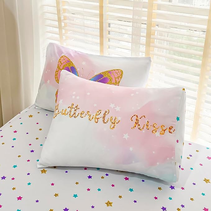 Twin Size Comforter Set for Girls, 5-Piece Bed in a Bag, 3D Colorful Butterfly Bedding Comforter Sheet Set, Ultra Soft and Fluffy, Pink & Rainbow Color