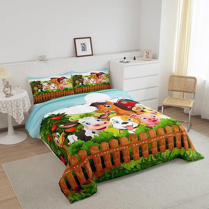 Kids Cartoon Comforter Set Toddler Cute Farm Animals Comforter Cattle Sheep Pigs Dogs Horses Bedding Set for Boys Girls Children Farmhouse Duvet Set Ultra Soft Room Decor Queen Size Colorful Quilt Set