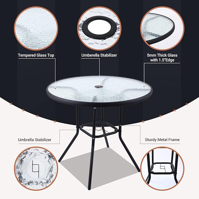 Nice C Outdoor Dining Sets, Patio Furniture Set, 8 Piece Set with Umbrella, Garden Outdoor Furniture Table Set with Tilted Removable Umbrella, Glass Table, and 6 Folding Chairs (Beige-6 Piece)