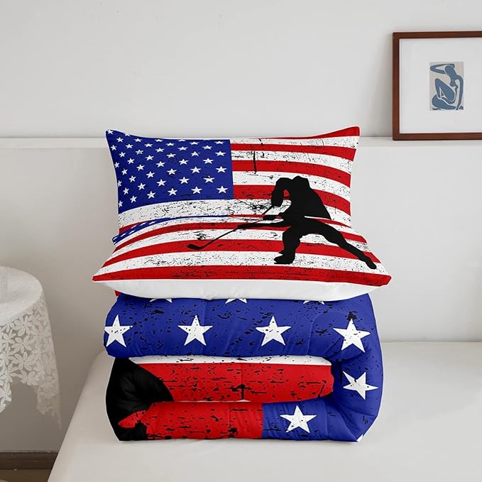 Erosebridal American Flag Comforter Set Full, Hockey Bedding Set United States Sports Games Down Comforter for Kids Boys Teens Bedroom, Red White Geometric Stripes Duvet Sets with 2 Pillowcases