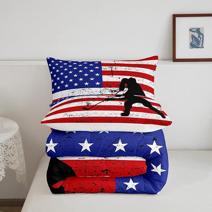 Erosebridal American Flag Comforter Set Queen, Hockey Bedding Set United States Sports Games Down Comforter for Kids Boys Teens Bedroom, Red White Geometric Stripes Duvet Sets with 2 Pillowcases