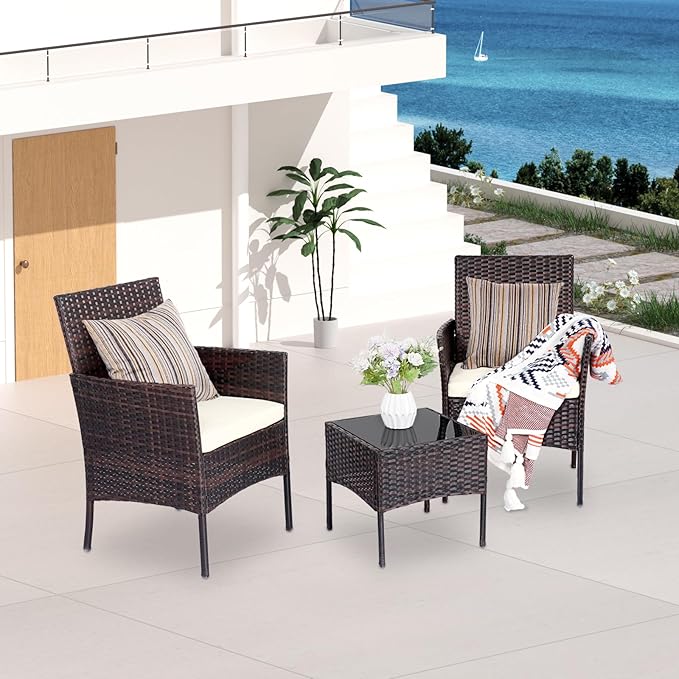 Patio Furniture Set 3 Pieces All-Weather Rattan Outdoor Furniture Patio Chairs with Tempered Glass Table for Porch Bistro Balcony Bistro Set(Brown/White)