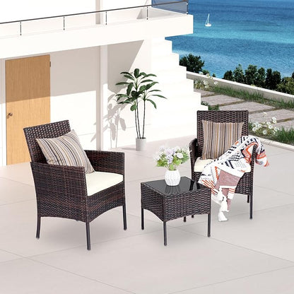 Patio Furniture Set 3 Pieces All-Weather Rattan Outdoor Furniture Patio Chairs with Tempered Glass Table for Porch Bistro Balcony Bistro Set(Brown/White)