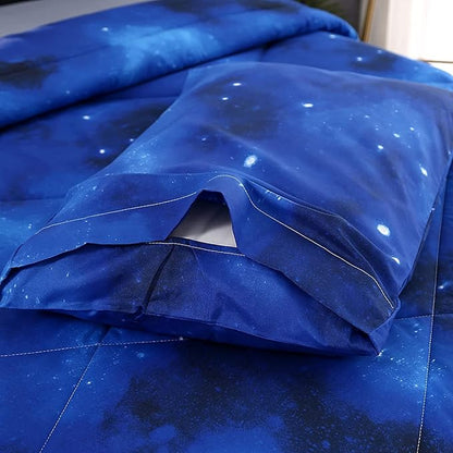 3PCS Blue Galaxy Comforter Set Queen Size, Bed in a Bag Summer Quilt Queen Size, Lightweight and Fade Resistant, Cute Bed Set for Boys Girls Toddler Kids and Teens, Queen