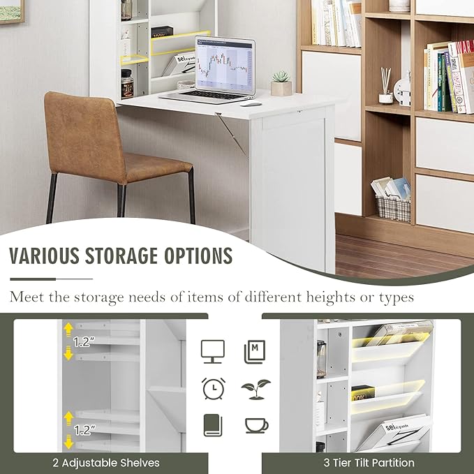 Wall Mounted Table w/Classified Storage Space, Foldable Multiple-Purpose Desk, Sturdy Wood Structure, White