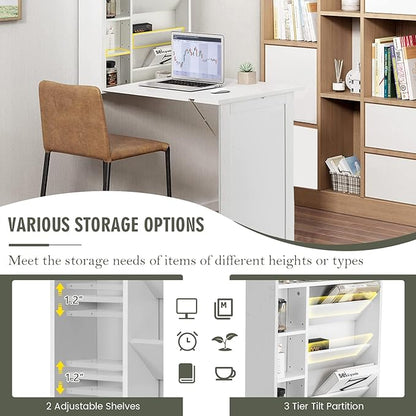 Wall Mounted Table w/Classified Storage Space, Foldable Multiple-Purpose Desk, Sturdy Wood Structure, White