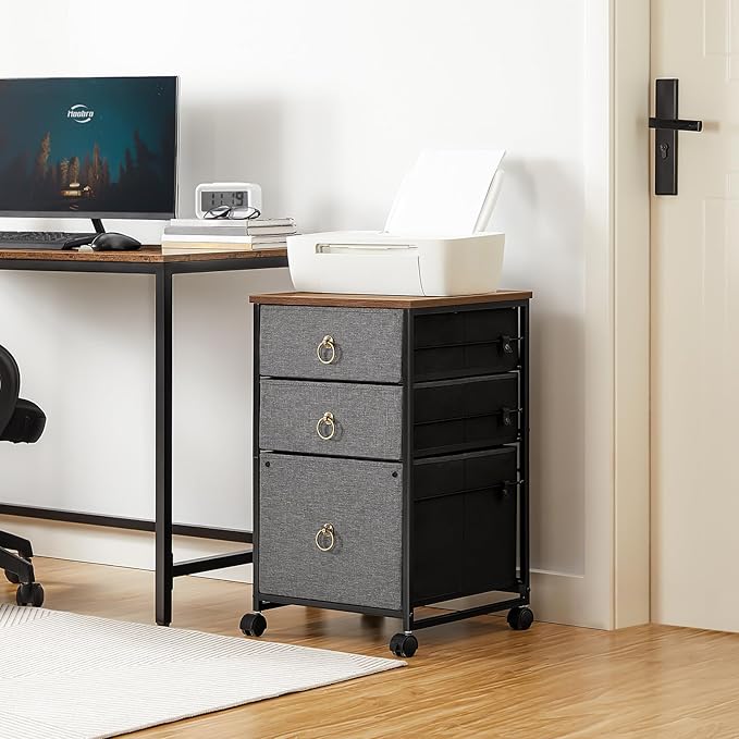 HOOBRO 3-Drawer Mobile File Cabinet, Vertical Filing Cabinet, Office Cabinet, Filing Cabinet for Home Office, Rolling Printer Stand, A4/Letter-Sized, Nonwovens Drawer, Rustic Brown and Gray BFG30WJ01
