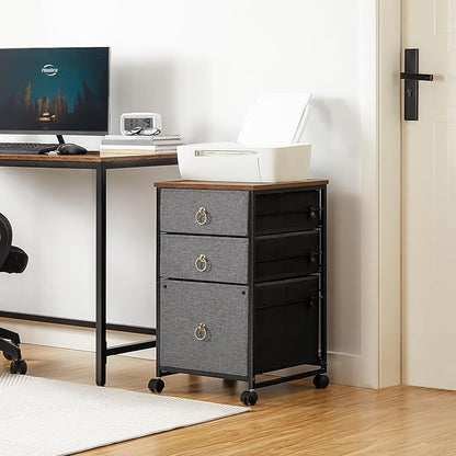 HOOBRO 3-Drawer Mobile File Cabinet, Vertical Filing Cabinet, Office Cabinet, Filing Cabinet for Home Office, Rolling Printer Stand, A4/Letter-Sized, Nonwovens Drawer, Rustic Brown and Gray BFG30WJ01