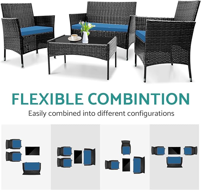 Patio Furniture, 4 Piece Conversation Set, Outdoor Wicker Rattan Table and Chairs, Sectional Sofa with Thick Cushion for Garden, Yard, or Porch, Black