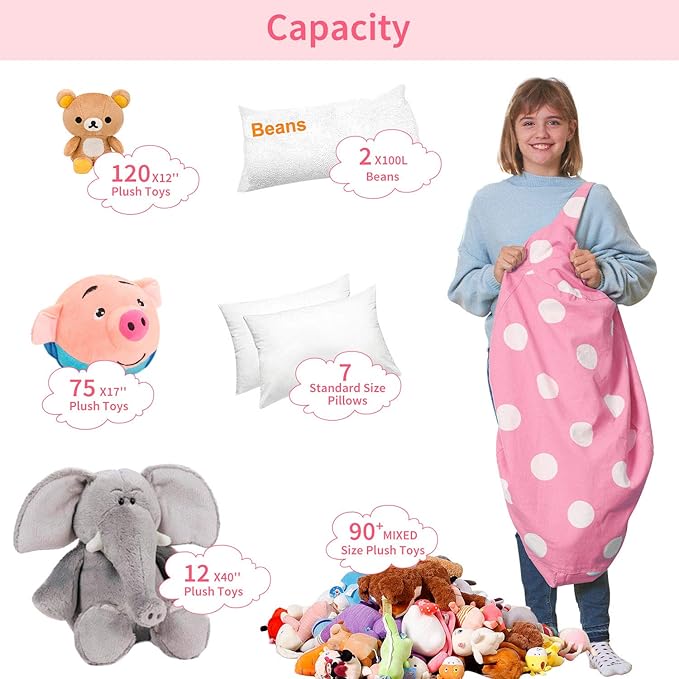 Aubliss Stuffed Animal Bean Bag Storage Chair (Light Pink Dot, Large (38''))